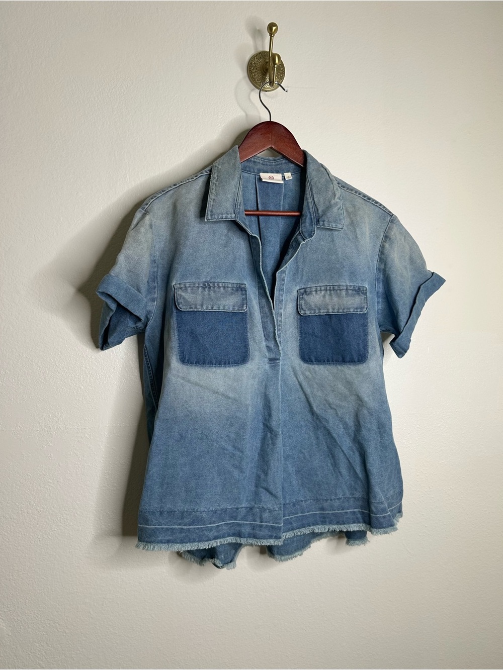 AG 100% Cotton Two Tone Denim Distressed Oversized Boxy Fit Popover Top